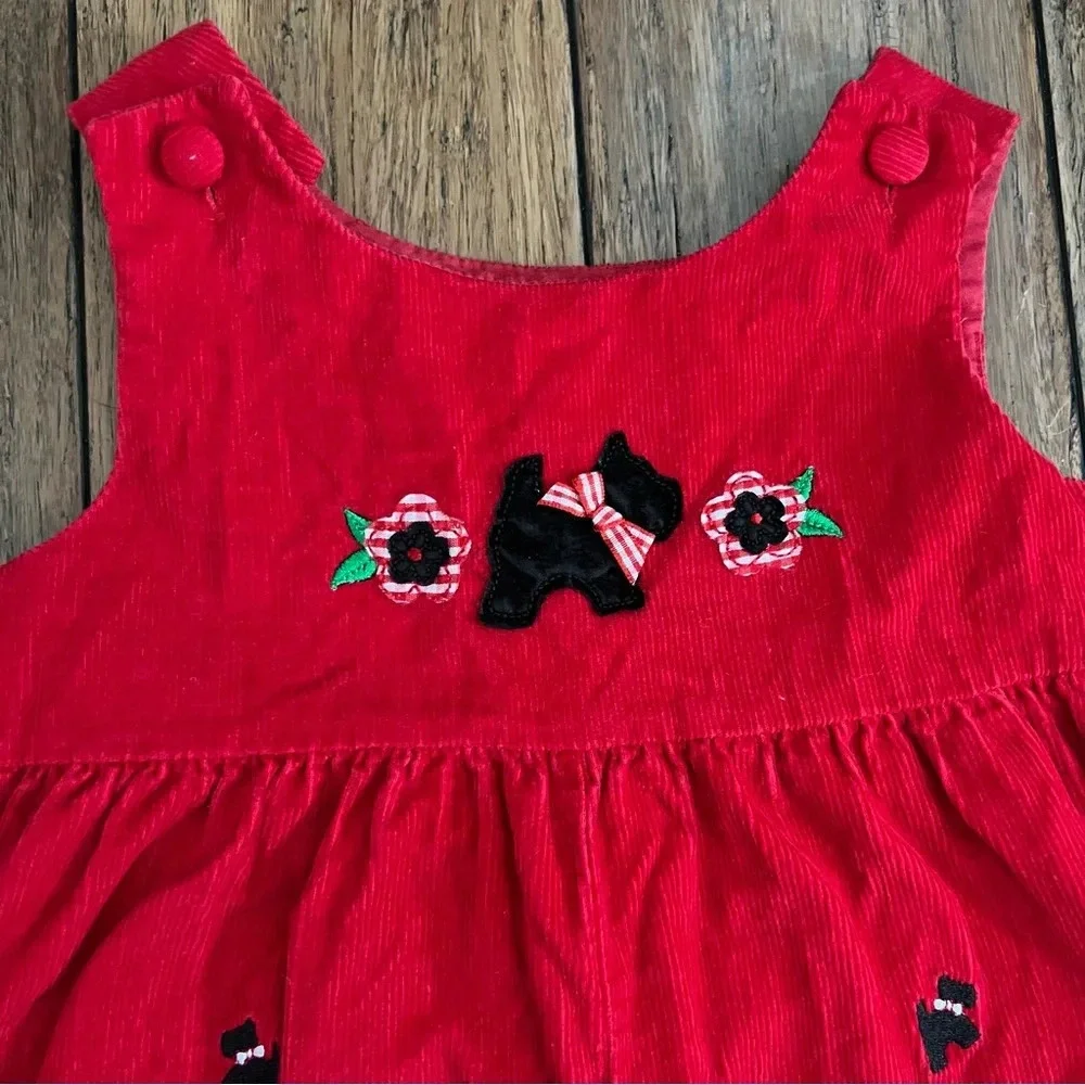 Girls Red Corduroy Romper Black Terrier Dog Embroidery 2T Snap Legs Jumper 24M